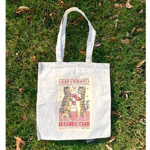 Cat Fight Tote Bag Cute Kittens Boxing Beige Reusable Cotton Large 16" x 15"